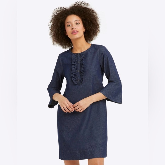 Draper James Chambray Denim-Loom Ruffle Shift Dress - Picture 1 of 15